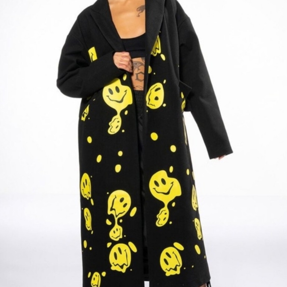 Callie Lives Stasia Smiley: Happy Face Black and Yellow Trench Coat W/ Pockets L